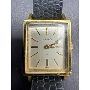 Vintage Heno Gold Tone 17 Jewels Swiss Made Wristwatch Black Leather Band